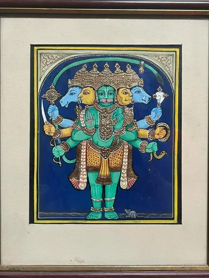 This small 8x8 inch painting of Panchamukhi Anjaneya, or the five-faced Hanuman, is beautifully crafted. Each face represents a different deity, symbolizing ultimate protection and wisdom.