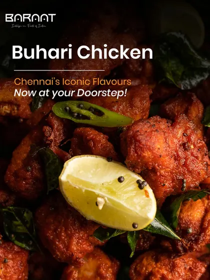 We bring Chennai's iconic flavours to your doorstep with our Buhari Chicken. This spicy, deep-fried chicken dish is a local legend.