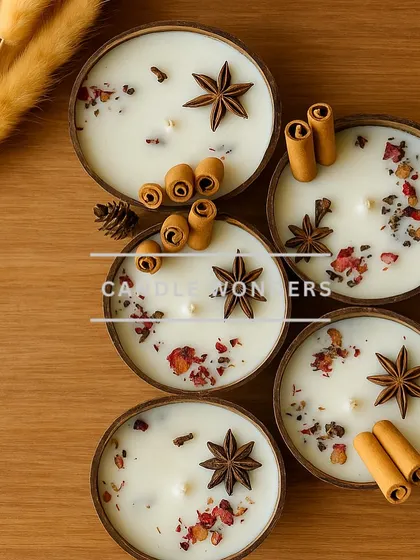These coconut shell candles are infused with aromatic spices like star anise and cinnamon, adding a warm and cozy fragrance.