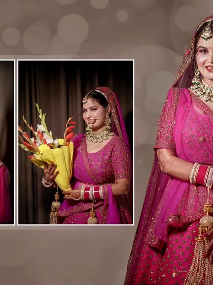 An elegant album spread with classic bridal portraits.