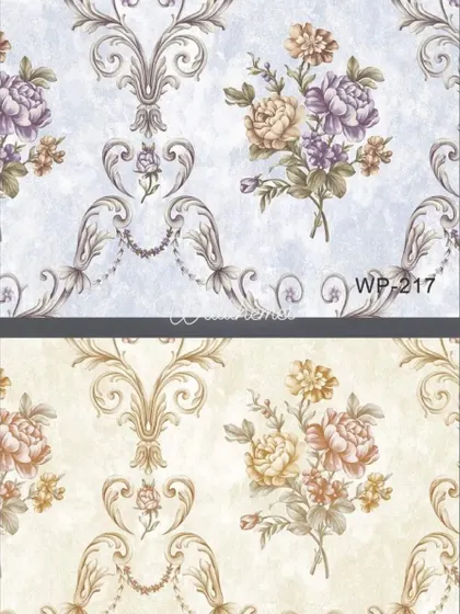 Two color variations of a floral damask wallpaper, one with purple flowers and one with yellow.
