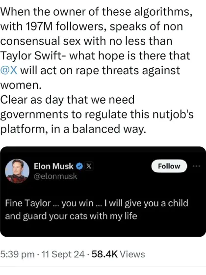 When a powerful platform owner speaks of non-consensual sex, it undermines efforts to combat online rape threats against women. This highlights the urgent need for balanced government regulation of social media platforms to ensure user safety.