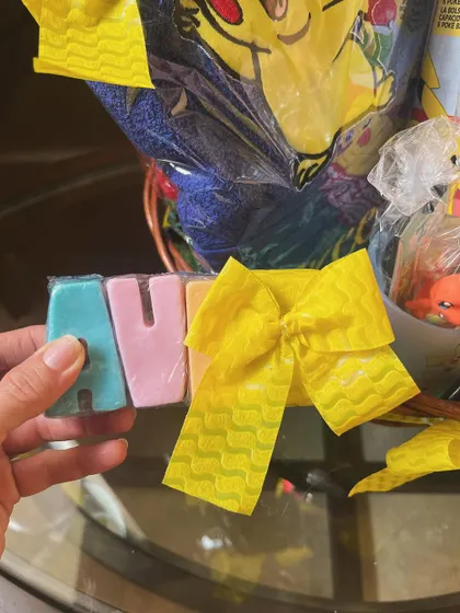 Personalization makes any gift more special. For this Pokémon hamper, I included custom soaps that spell out the birthday boy's name, Aveer.