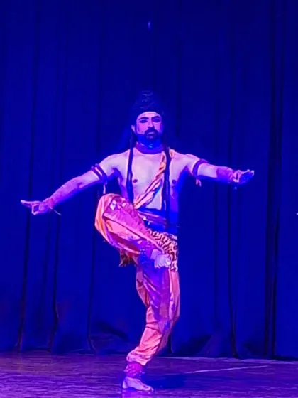 A solo portrayal of Lord Shiva during a Mayurbhanj Chhau recital. The focused gaze and traditional attire are essential elements of character depiction in my performances.