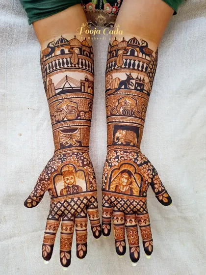 A customized design for an NRI bride, featuring the Australia skyline, Maharashtrian wedding figures, and other personal symbols.