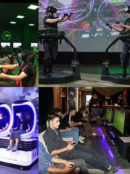 A collage showcasing the variety of VR experiences available. From racing simulators and motion pods to full-movement treadmill arenas, I provide a comprehensive suite of attractions under one roof to fit any event theme.
