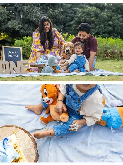 A collage from Aariv's first birthday, celebrating with his best friend Ollie. Documenting these milestones year after year allows you to see their beautiful friendship blossom over time.