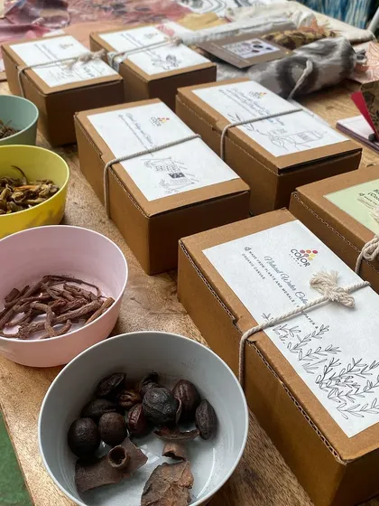 Getting our DIY kits ready for a local carnival. Each box is packed with care, containing natural dye sources like myrobalan and madder root, inviting you to connect with the process.