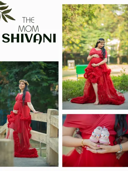 A collage celebrating the mom-to-be in a vibrant red gown, including a close-up of her holding tiny baby shoes.