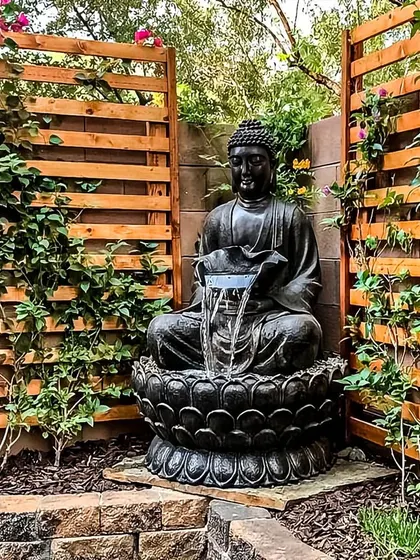 For a truly serene and spiritual corner, I can incorporate elements like this Buddha fountain. The gentle sound of water combined with the peaceful statue and climbing vines creates a perfect space for meditation and reflection.