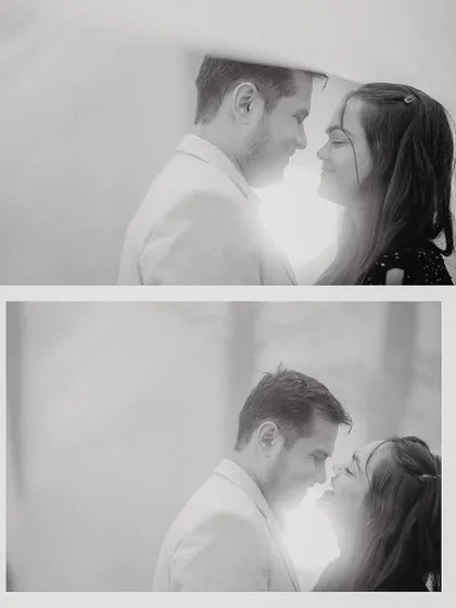 A soft, backlit black and white diptych. This artistic shot focuses on the couple's profiles and the gentle light, creating a timeless and romantic portrait.