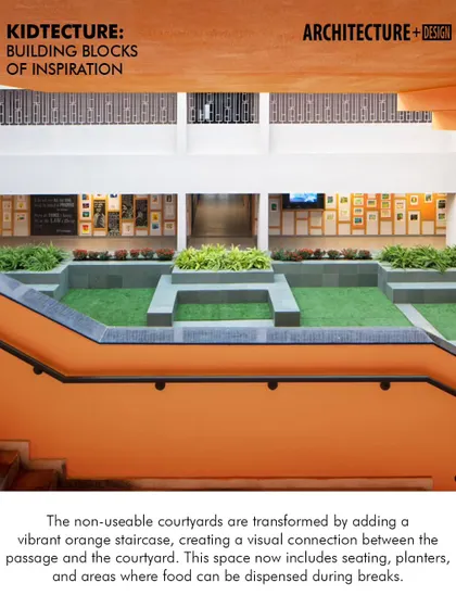 This image from an Architecture+Design feature highlights our work on the SMR Jaipuria School. The once non-usable courtyard is now a central feature, with integrated seating and planters connected by the vibrant staircase.