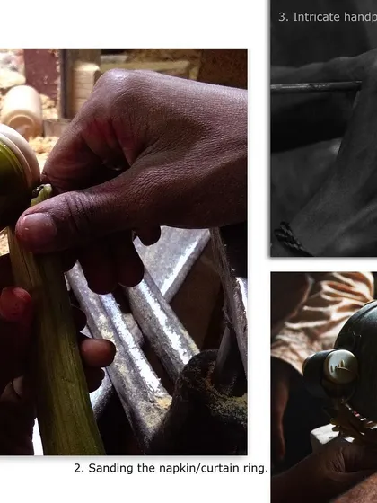 This series of images shows the key stages of our process. You can see the initial sanding of a ring, the intricate hand-painting for detail, and the final finishing touches that bring each piece to life.