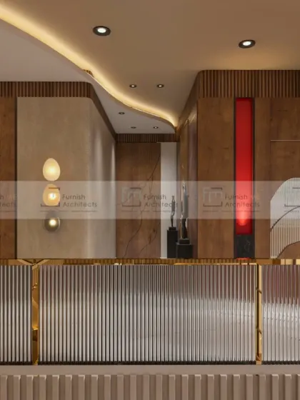 This view shows the hallway overlooking the living area. The curved ceiling detail and warm wood paneling create a continuous flow, connecting the different levels of the home.
