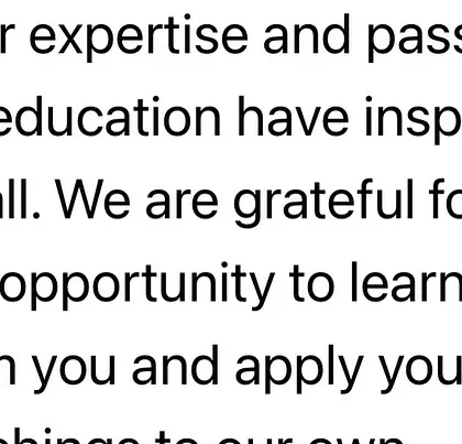 A snippet of feedback praising my expertise and passion for education. It's an honor to inspire fellow educators.