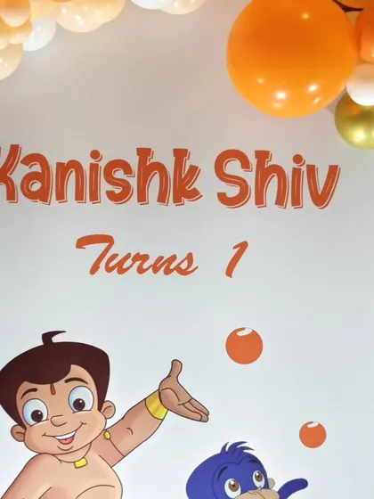 A clear, close-up shot of the custom Chota Bheem backdrop we designed for the party.