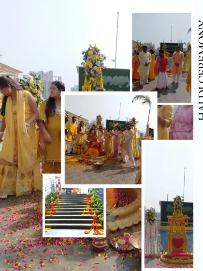 A collage of moments from a joyful Haldi ceremony. You can see the guests having fun, the bride being showered with love, and the bright, sunny decor that we set up for the event.