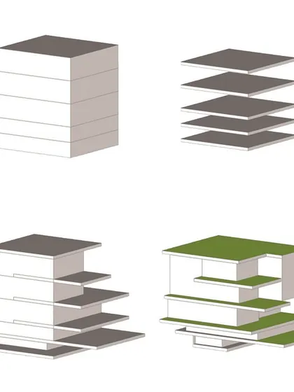 Scheme 4 for the Mysore clubhouse, based on the idea of shifting floor plates.