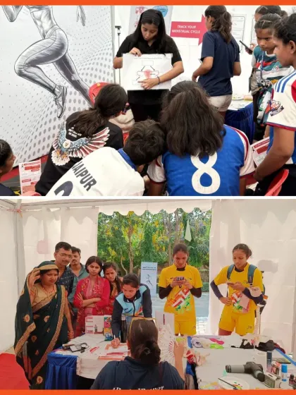Our facilitators explain the menstrual cycle to a group of curious athletes at the Khelo India Youth Games. We use visual aids and simple language to make complex topics easy to understand.