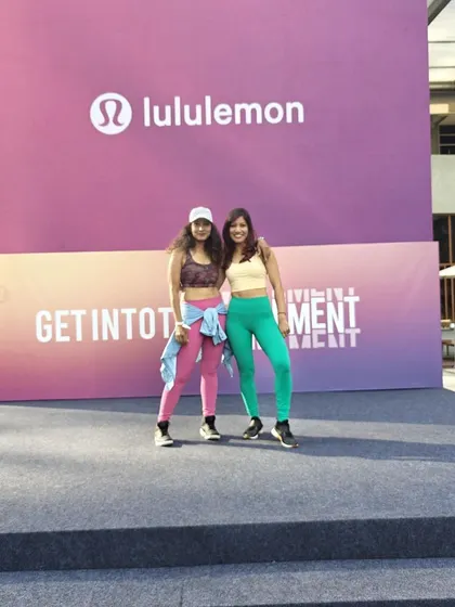 On stage with a fellow instructor before the big Lululemon event. Teamwork makes the dream work.