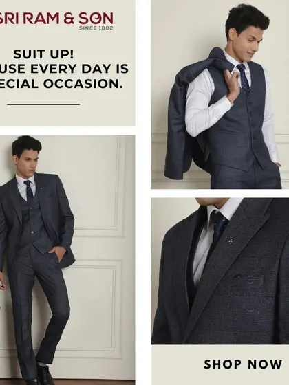 The quintessential three-piece suit, perfected. This textured navy suit is your armour for the most important moments, from closing a deal in the boardroom to celebrating at a best friend's wedding. It is the definition of fit bhi, style bhi.