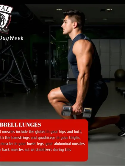 Dumbbell lunges are a versatile exercise that targets the glutes, hamstrings, and quads while also engaging abdominal and back muscles as stabilizers.