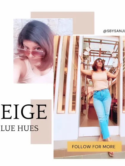 A simple beige tank top paired with straight-leg blue jeans is the foundation for a perfect relaxed afternoon outfit. It’s all about comfortable, well-fitting basics that make you feel good.