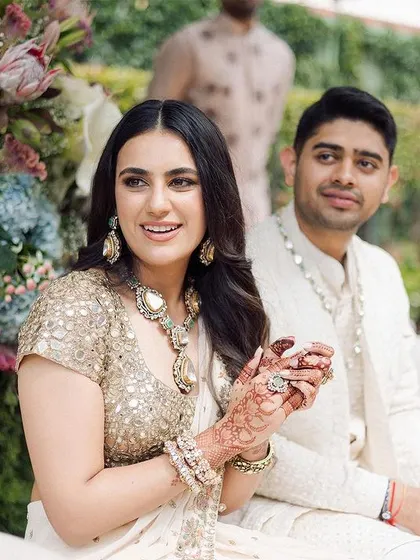 A beautiful shot of the couple at their home engagement ceremony. The decor was completely sustainable and locally sourced, creating a dream-like atmosphere.