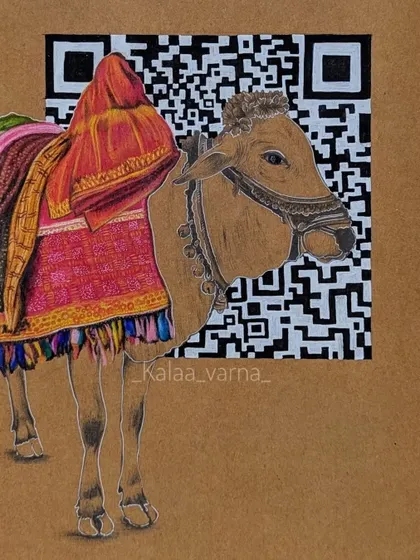 Titled 'Digital Basava', this mixed-media piece juxtaposes a traditionally adorned bull with a modern QR code. It is my commentary on how tradition and technology coexist in today's India.