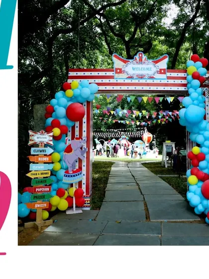 The grand entrance arch for the carnival, making a colorful and exciting first impression.
