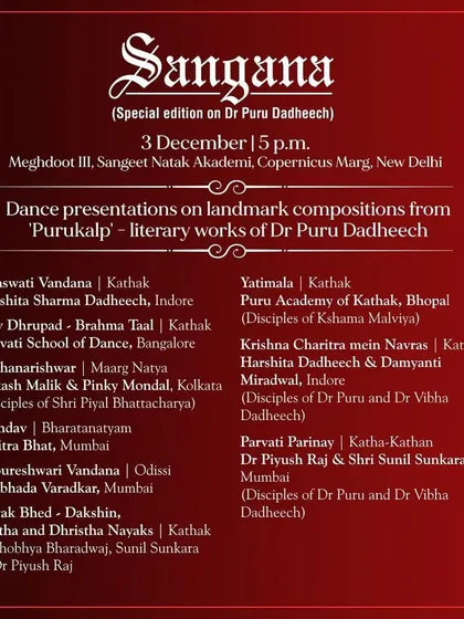 The detailed program for the 'Sangana' event, listing our 'Shiv Dhrupad' performance among other literary works of Dr. Puru Dadheech.