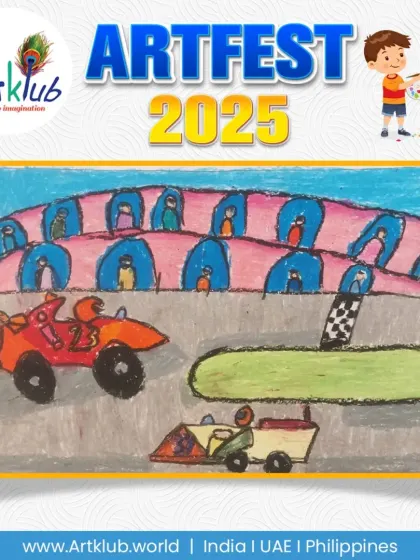 A thrilling car race with a cheering crowd, created by a junior artist.