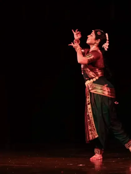 A dynamic pose from my solo performance at the India Habitat Centre, showcasing the energy and grace of a 'nritta' sequence.