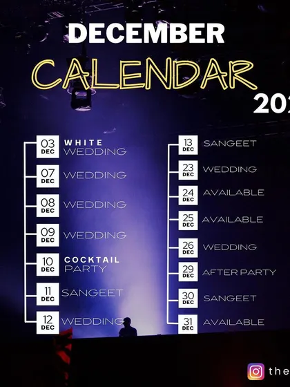 My 'Dashing December' calendar from 2021. The wedding season is always a busy and exciting time, filled with Sangeet, Cocktail, and Wedding parties.