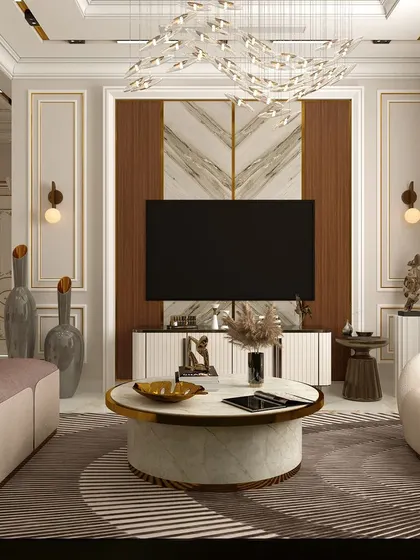 The television is the focal point in this luxurious living room, set against a backdrop of wood and marble panels. The design combines modern aesthetics with opulent materials, creating a sophisticated space for entertainment.