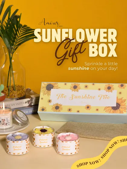 A promotional shot of my Sunflower Gift Box. This cheerful set is perfect for sunflower lovers and comes with a positive affirmation sticker to spread a little sunshine.