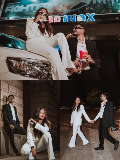 More from Harsh and Shreya's urban pre-wedding shoot, featuring fun moments like eating fries on a car hood outside a cinema, telling a story of their modern romance.
