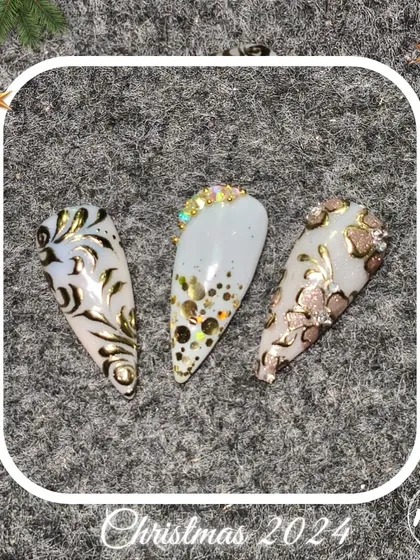 A collection of various nail art designs, from abstract and animal prints to delicate florals and 3D textures, all beautifully framed for the Christmas season.