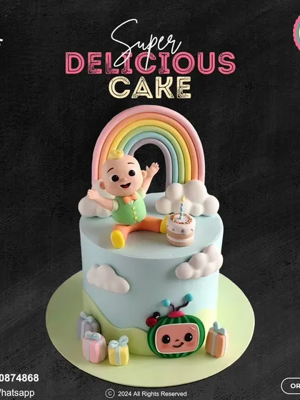 This adorable Cocomelon cake is sure to make your little one sing with joy. It features JJ under a colorful rainbow, surrounded by gifts and the iconic watermelon logo, perfect for a first birthday.