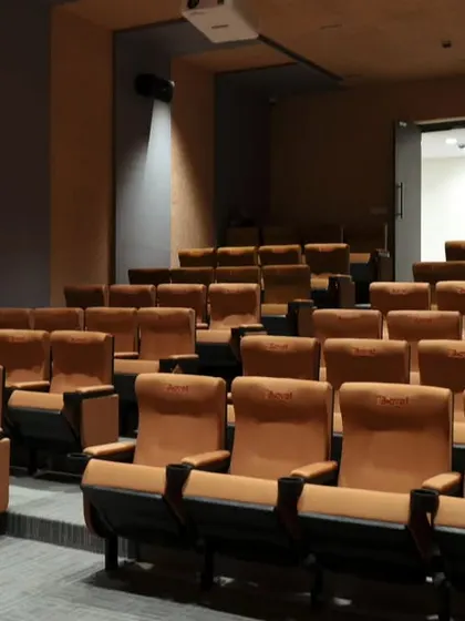 A view of the seating in the Biovet auditorium. The tiered seating and acoustic wall panels were essential for creating a functional and comfortable presentation and viewing environment.