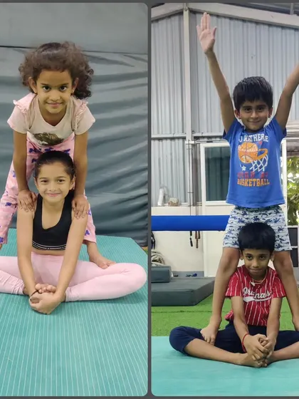 A collage showing our students having fun with partner poses. These activities not only improve strength and balance but also build trust and friendship among our gymnasts.