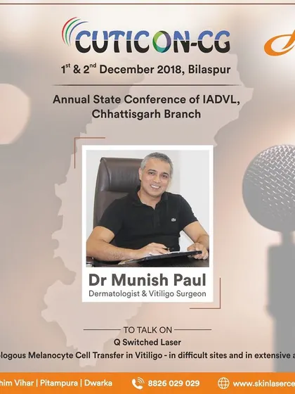 I was invited to speak at Cuticon-CG, the Annual State Conference of IADVL, on advanced topics like Autologous Melanocyte Cell Transfer. These platforms are essential for discussing complex cases and innovative solutions.