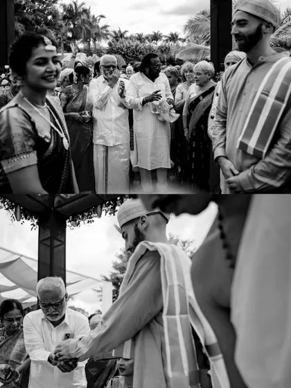 A black and white collage from a cross-cultural wedding, highlighting the emotional and joyful moments of the ceremony.