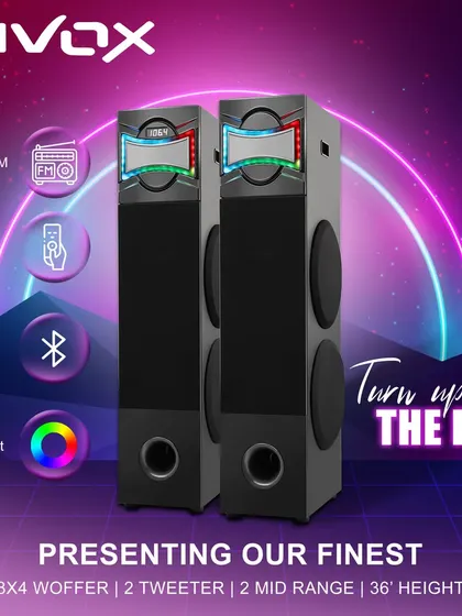 This is one of my finest double tower home theatre systems. It features 8x4 woofers, multiple tweeters and mid-range drivers, and vibrant RGB lights to turn up the fun.