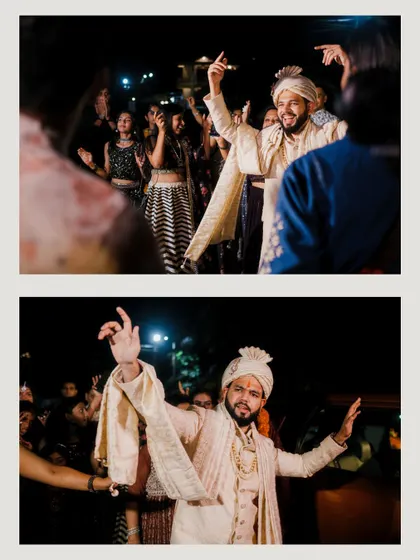 The groom dances his heart out during his baraat, surrounded by an enthusiastic crowd of family and friends.