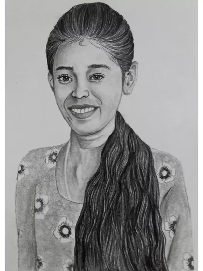 A lovely A5 pencil sketch of a smiling young woman with long hair. This is a great example of a simple yet beautiful personal portrait.