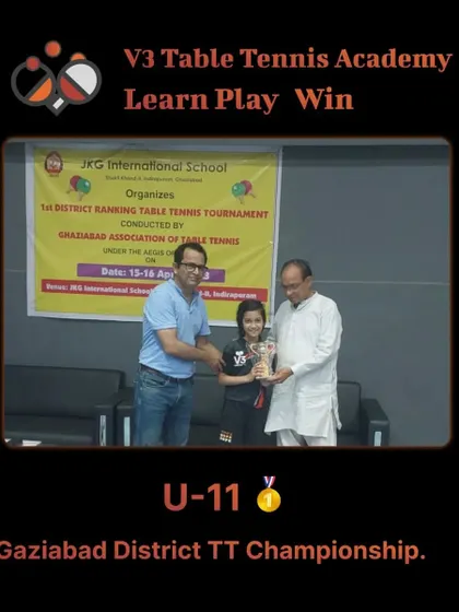 Here is one of our promising young paddlers, Saanvi Bansal, receiving her first-place trophy at the Ghaziabad District TT Championship for the U-11 category.