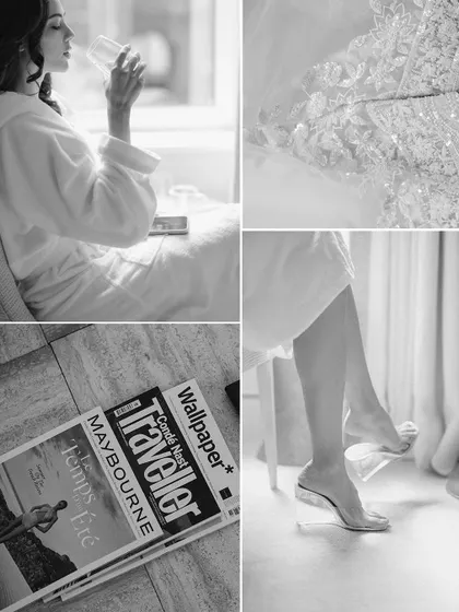 A black and white collage of details from Julia's getting-ready process in London, including magazines, shoes, and a quiet moment of reflection.