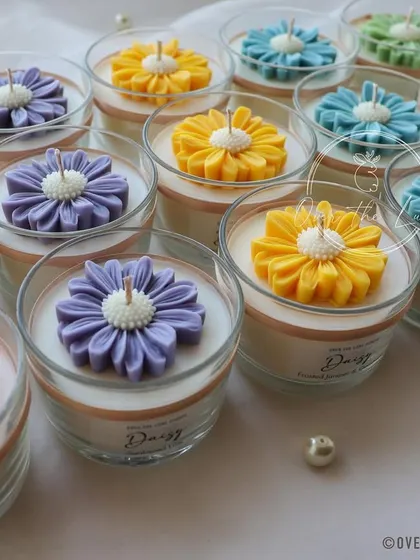 A closer look at the custom pastel Daisy jar candles. The lilac, yellow, and sky blue were my personal favorites from this batch.