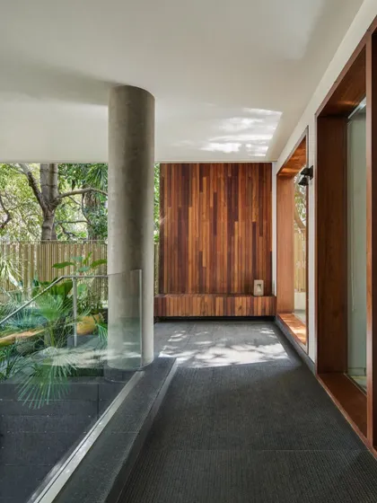 This passage in Kanasu overlooks a sunken courtyard, demonstrating how I integrate green spaces at multiple levels to ensure nature is always in view.